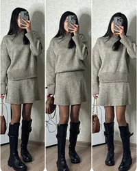 Preppy Style Sweet Two Piecec Suit Vintage Knit Pullover Sweater+Mini Skirt Winter Y2k Skirt Sets Elegant O-neck Knitted Outfits