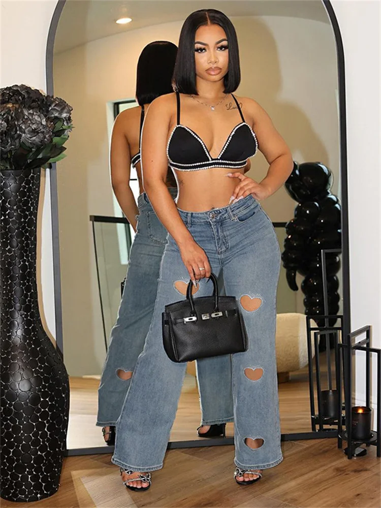 

Y2k Одежда Уличная одежда Джинсы Полые брюки Женские повседневные брюки с высокой талией Дизайн Джинсовые синие черные модные брюки Брюки