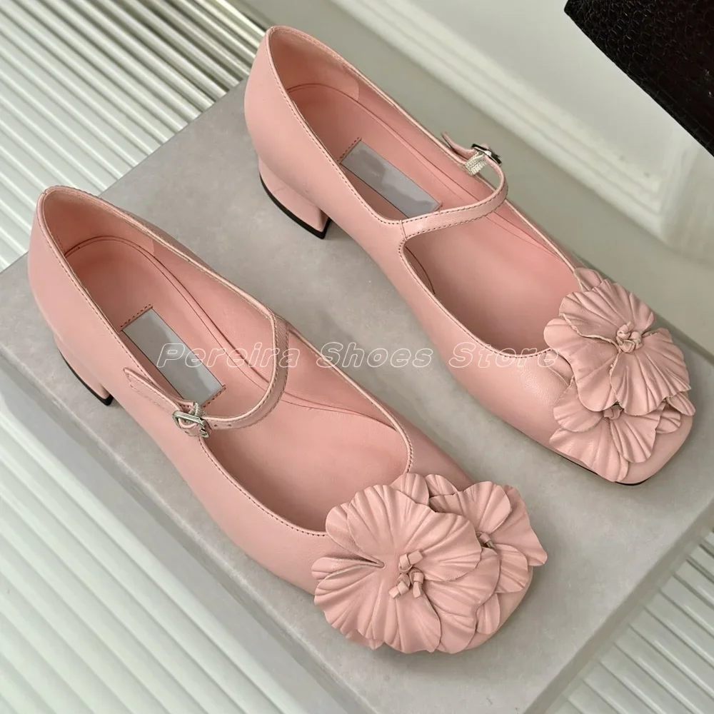 Spring Summer Sweet Flower Pattern Pumps Fashion Round Toe 2024 Gentle Style  Buckle Strap Cover Heel Flat Heel view 2