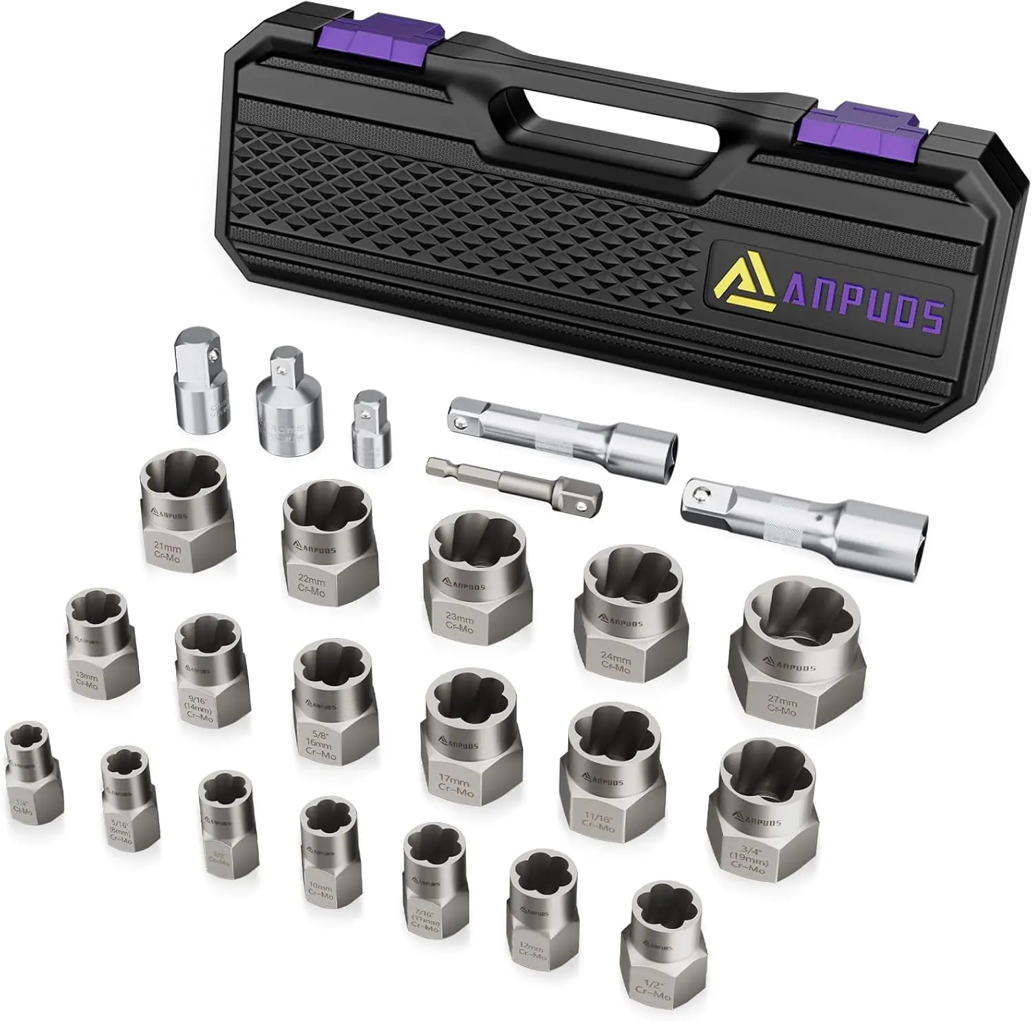 

24 Piece Bolt Extractor Kit, 1/2" and 3/8" Drive Impact Bolt & Nut Remover Set for Removing Damaged, Frozen, Rusted, Rounded