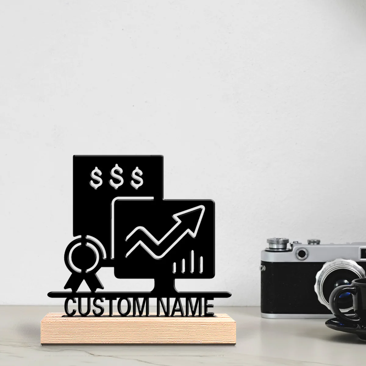 1pc Finance and Business Custom Letter Metal Statue Metal Ornament Art Figurine With Wood Base Metal OrnamentFor Home Decor