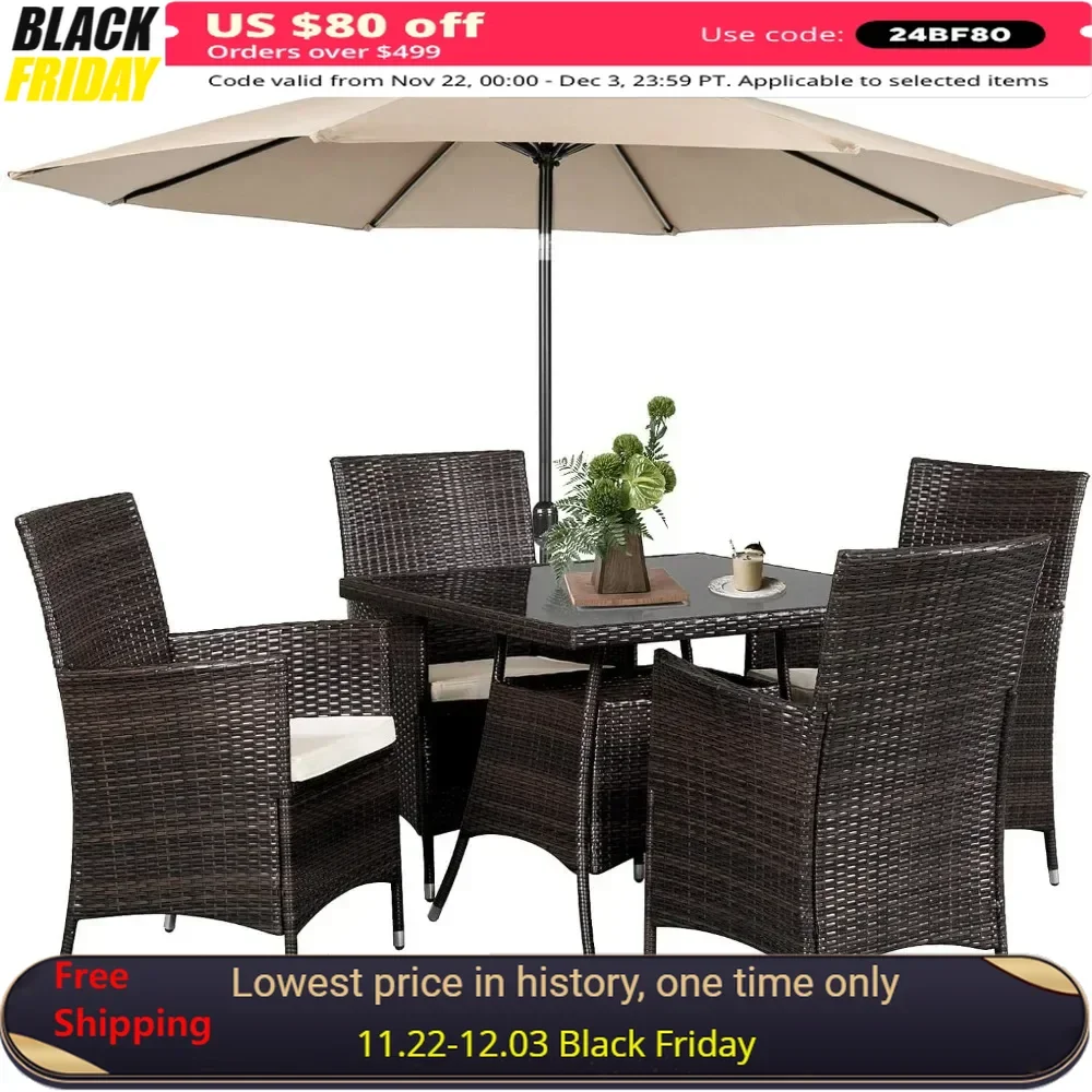 

5 Piece Outdoor Dining Set All-Weather Wicker Patio Dining Table And Chairs With Cushions, With Patio Umbrella,patio Furniture