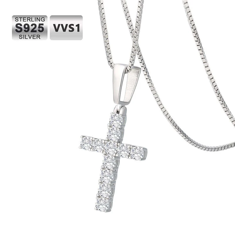 Hiphop 1.1ct D Color VVS1 Moissanite Cross Necklace 925 Sterling Silver Lab Diamond Cuban Link Pendant Necklace Women Men Gift image 2