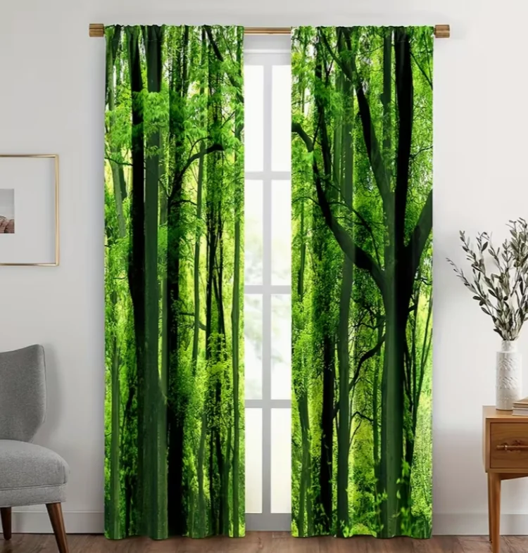2pcs Forest Curtains Green Trees Jungle Branches Nature Scenery Decor Bedroom Living Room Rod Pocket for Living Room Home Decor
