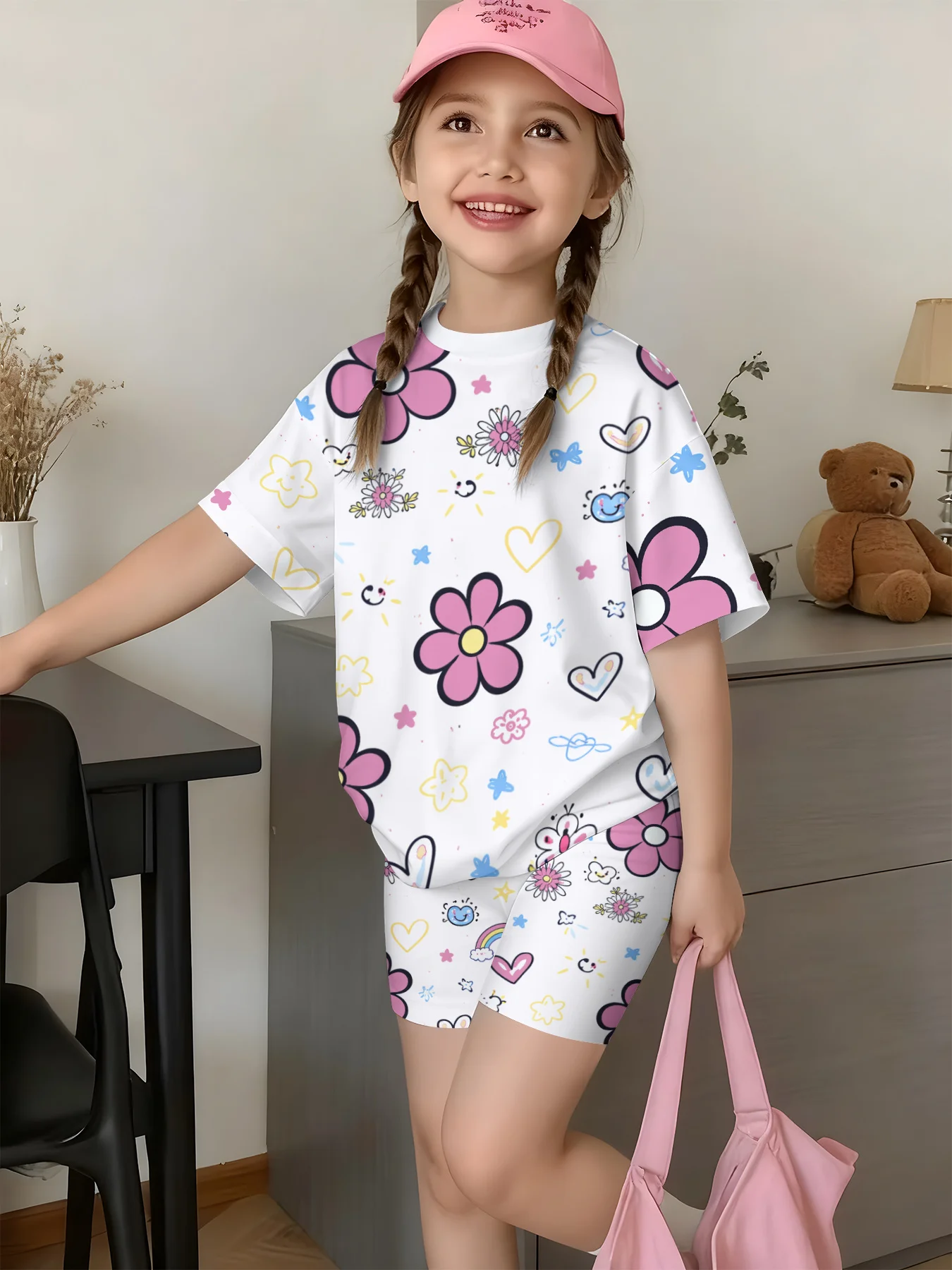 2026 Summer Doodle Pastel Cute Girls Floral Heart Cartoon Print Round Neck Short Tee Shorts Set Ultra Quick Smooth Light Outfit