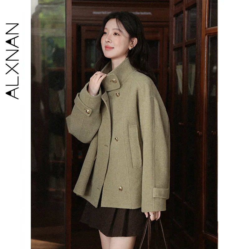 

ALXNAN зеленое короткое шерстяное пальто женское, осень 2022, новинка свободного покроя с высоким воротником, элегантные теплые куртки, повседневные офисные женские топы L57851