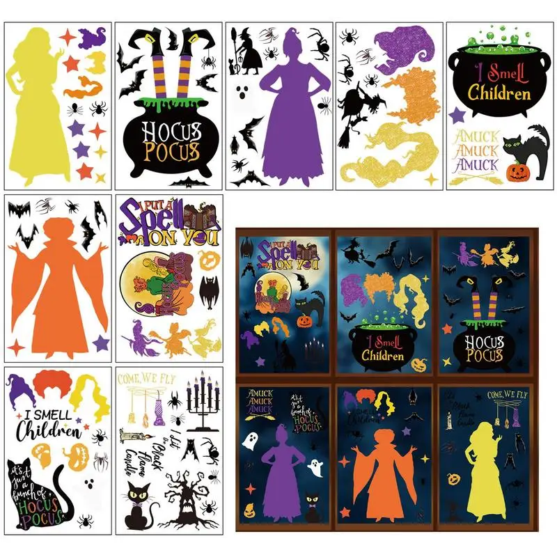 Witch Window Decal 9 Sheets Witch Silhouette Sticker Scary Halloween Window Silhouette Decorations Double Sided Decal For Window