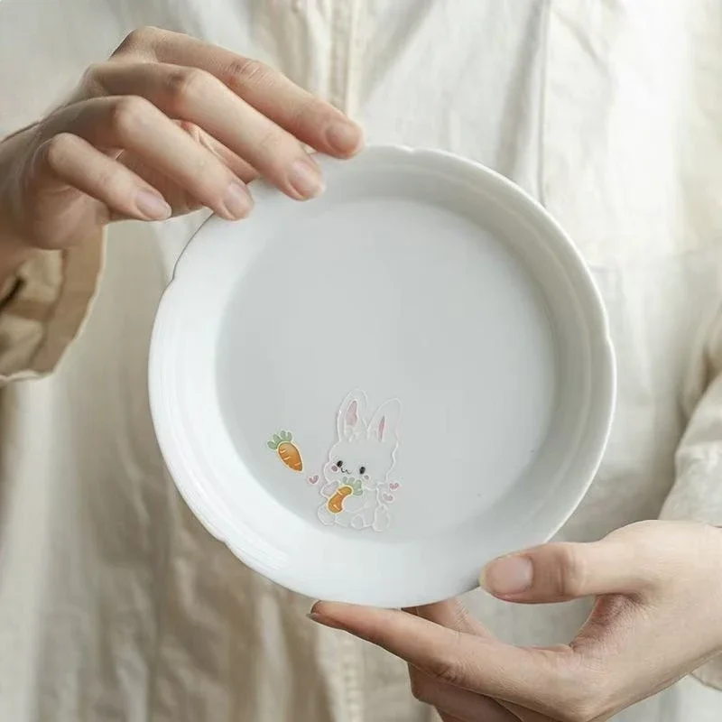 1PC Jade Mud Cute Style Hand-painted Cute Rabbit Pot Bearing Tea Ceremony Disc Multi-purpose Refreshment Plate Melon Fruit Plate