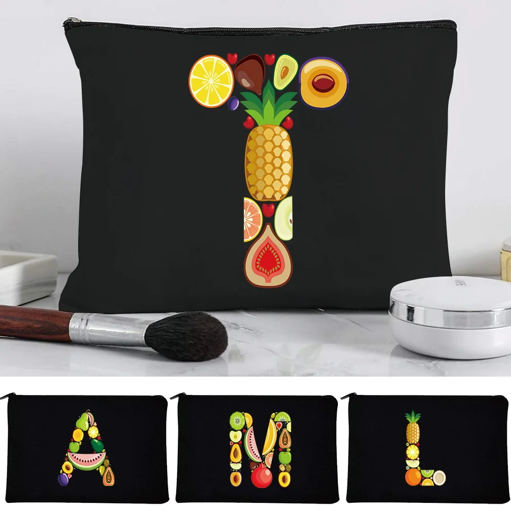 Fashion Cosmetic Bags Basic Black Flat Canvas Pouch With Fruit Letter Print Zipper Organizer for Makeup Stationery Phone Keys