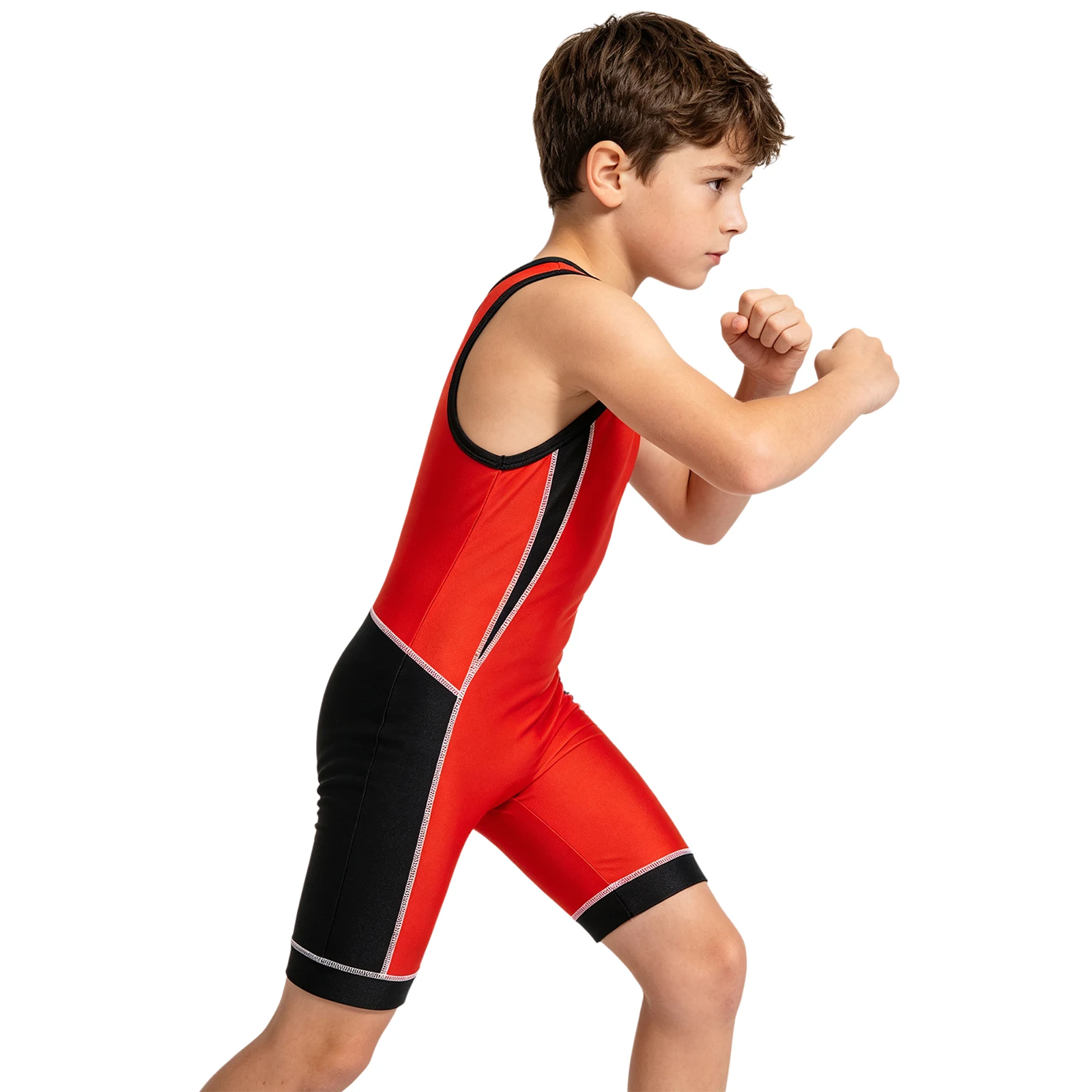 Kinder-Ringertrikot für Jungen und Mädchen, farbblockiert, schnelltrocknend, ärmellos, Oberschenkel-lange Bodysuit für Sport, Training, Übungen und Radfahren – Detail 27