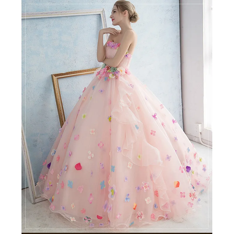 

Pink Luxury 3D Flower Princess Birthday Party Dress Strapless Floor Length Ball Gown Quinceanera Dresses Vestidos De 15 Anos
