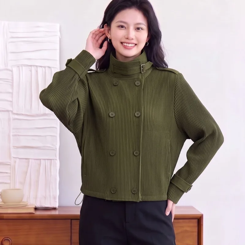 Pleated Jacket 2026 Autumn New High Collar Solid Single Row Multi-Button Bouncy Cardigan Casual Elegant Versatile Women's Coat