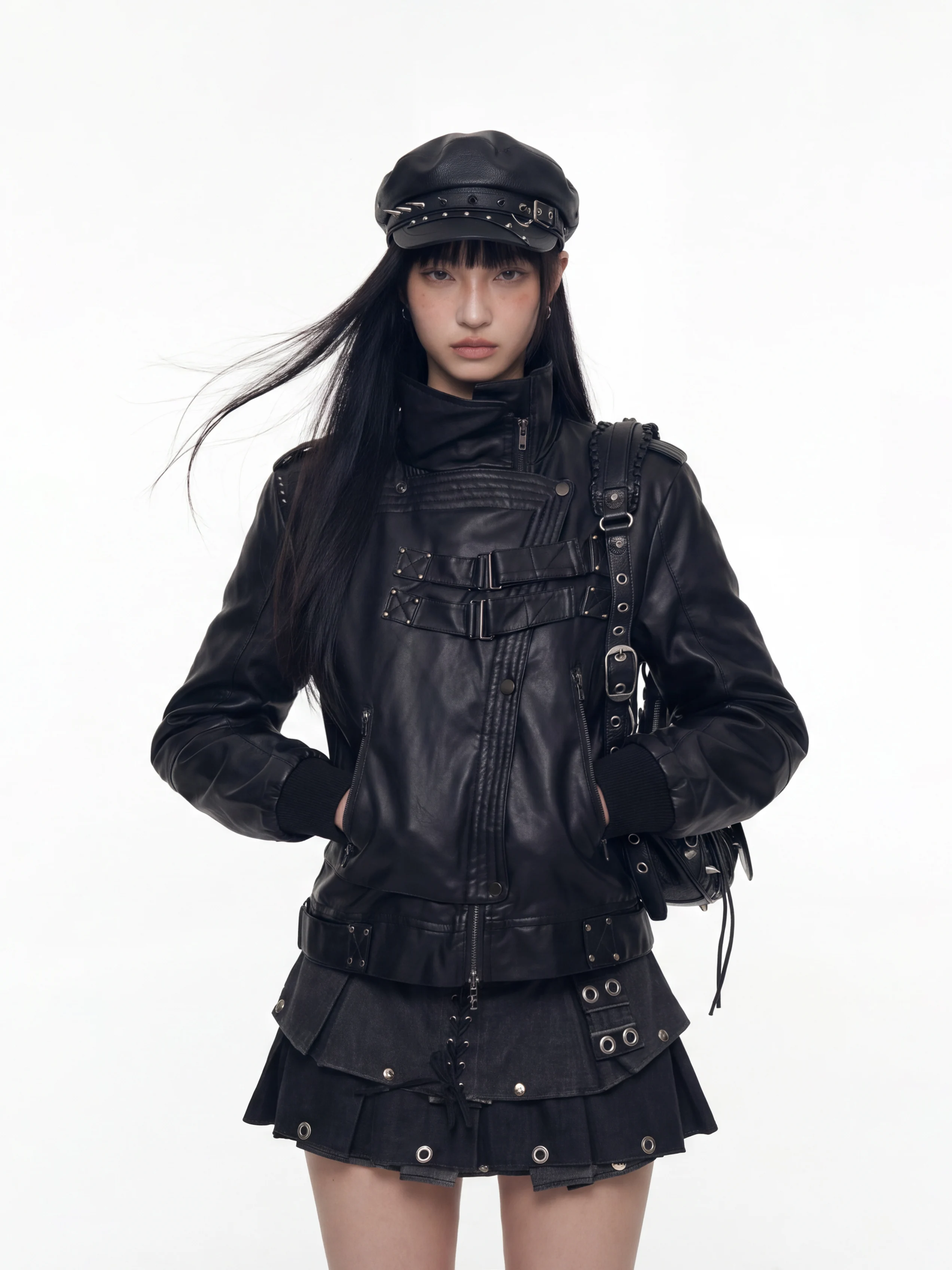 Heavy Industry Style Leather Jacket Ant Park Women's Cool Streetwear Stand Collar Unisex Autumn New Arrival Loose Fit Long Sl...