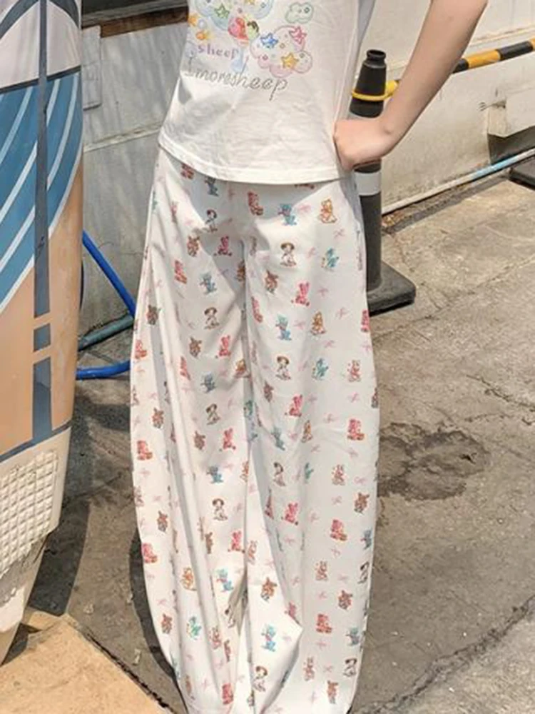 Pantalon d'été tendance pour femmes, imprimé Animal rétro, jambes larges, avec détails de nœud, ample, suspendu, pantalon de plage décontracté