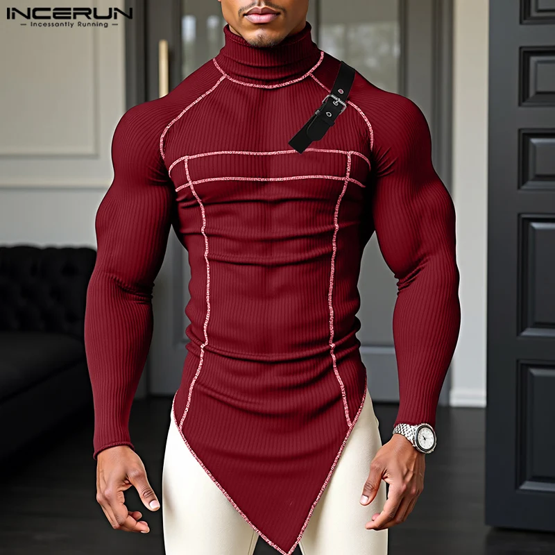 

INCERUN Men Irregular T Shirt Patchwork Turtleneck Long Sleeve Male Tee Tops Streetwear Knitted Fashion Men Clothing Camisetas