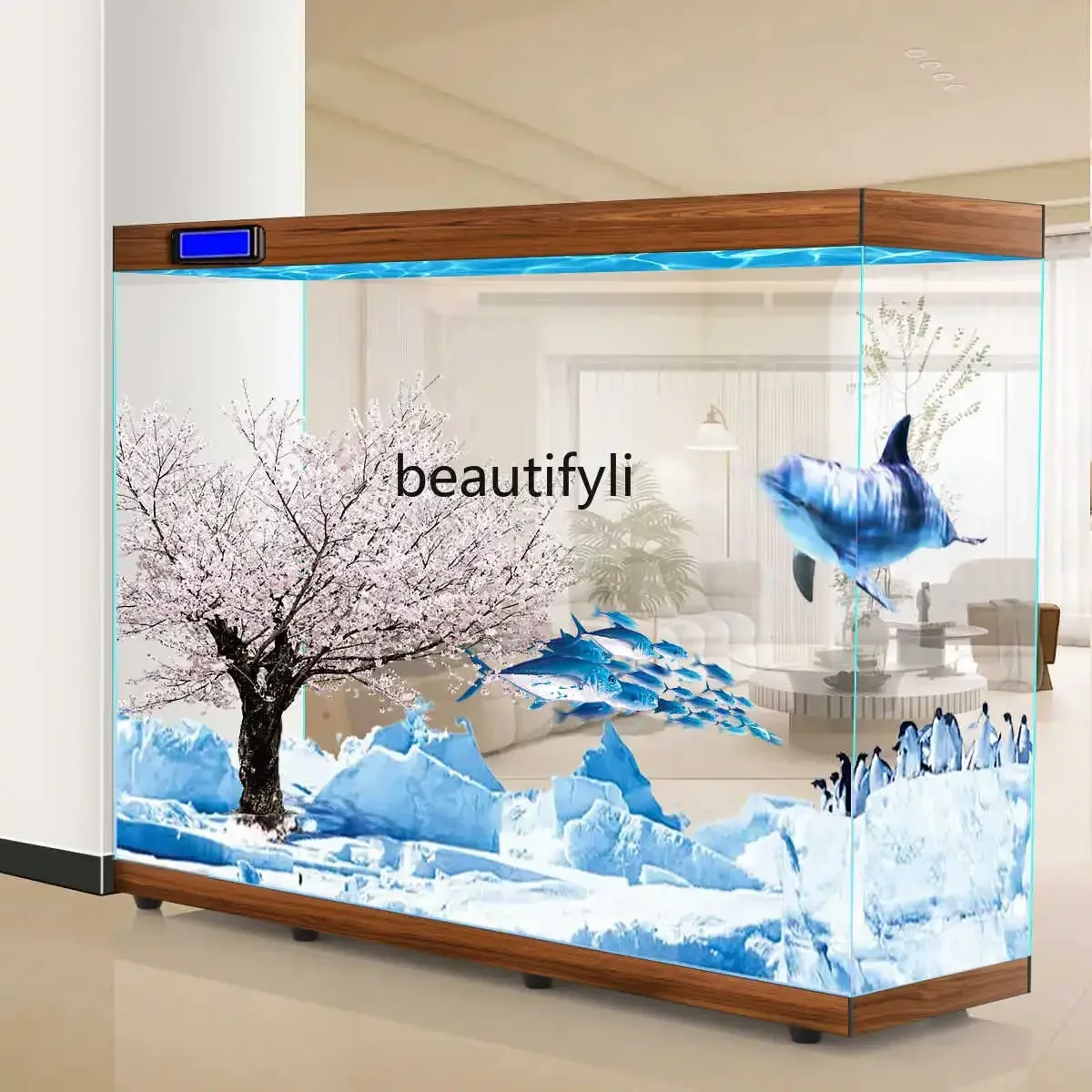

Partition screen ultra-white glass living room fish tank large and medium-sized floor-to-ceiling viewing rectangular aquariumHY