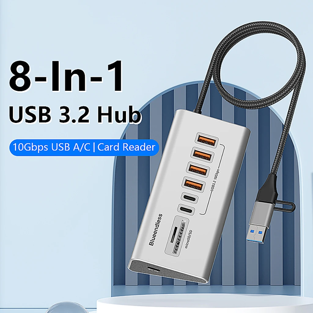 

8-в-1USB 3.2 HUB 10 Гбит/с Передача данных USB-док-станция из алюминиевого сплава USB-разветвитель с устройством чтения карт для ПК, ноутбука Macbook