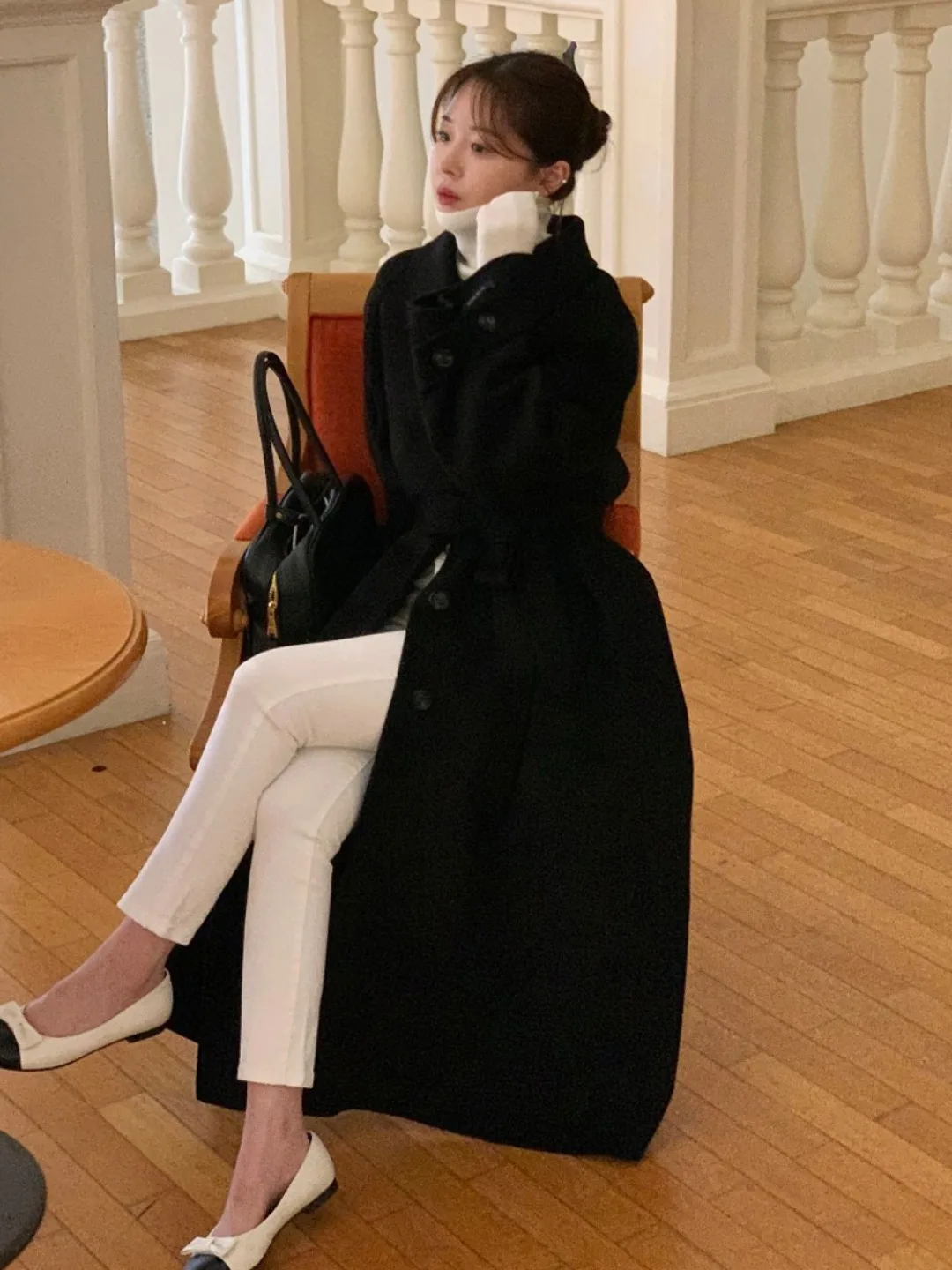 

Ele Long Coat Women's Outerwear Winter High-End Vintage Waist-Cinching Lapel Belted Woolen Top Commute Pure Color