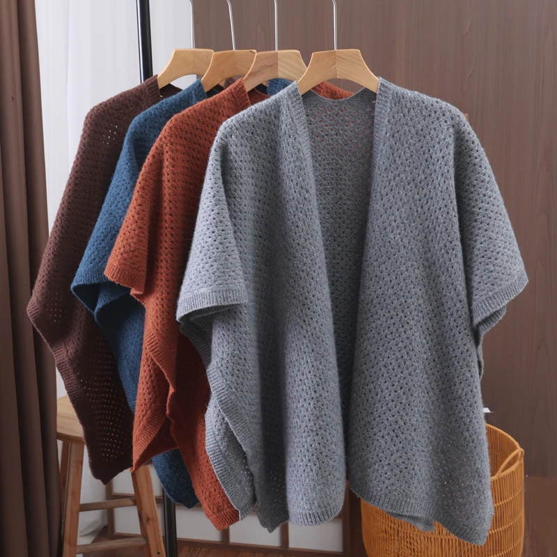 Four Seasons 100% Pure Wool Knitted Hollow Shawl Loose Solid Color Cape Fashion New Air Conditioning Cape Cardigan