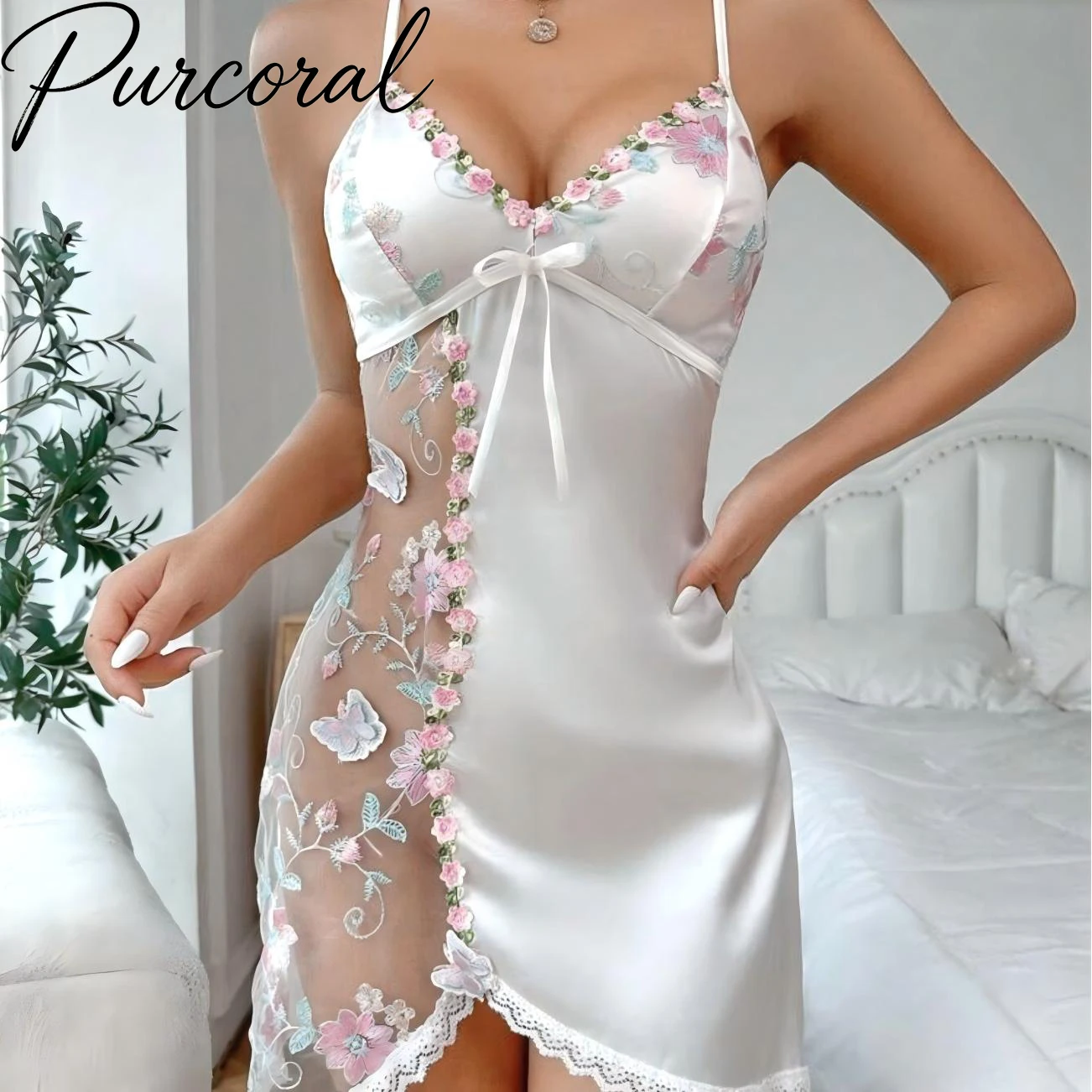 

Women Slip Nightgown Floral Butterfly Embroidery Lace Mesh Sheer Side Split Mini Dress Strap Bow Decor Sexy Lingerie Sleepwear
