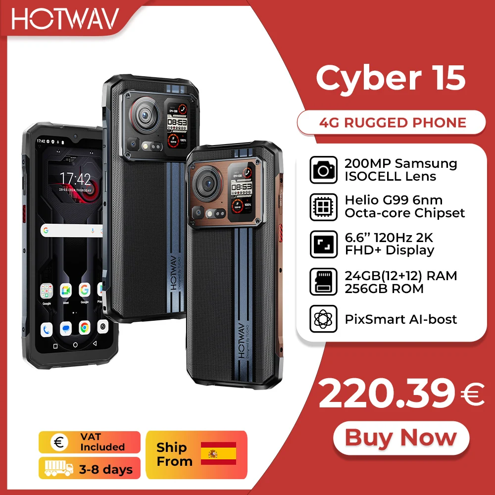 [Ship From Spain] HOTWAV Cyber 15 Rugged Phone G99 200MP PixSmart 6.6\'\' 2K 120Hz Smartphone 24(12+12)GB 256GB Mobile Phone