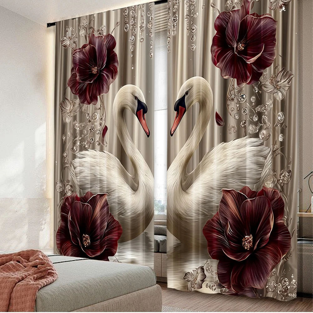 2D flat printing 2pcs Party Curtain Swans with Roses Digital Printed Polyester Drapes Party Decorations Use for Event Decoration