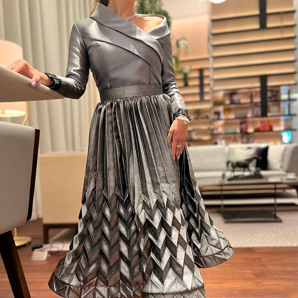 Customized Temperament A-Line Knee Length High Collar Satin Long Sleeves Pleats Evening Dress Elegant vestidos para mujer