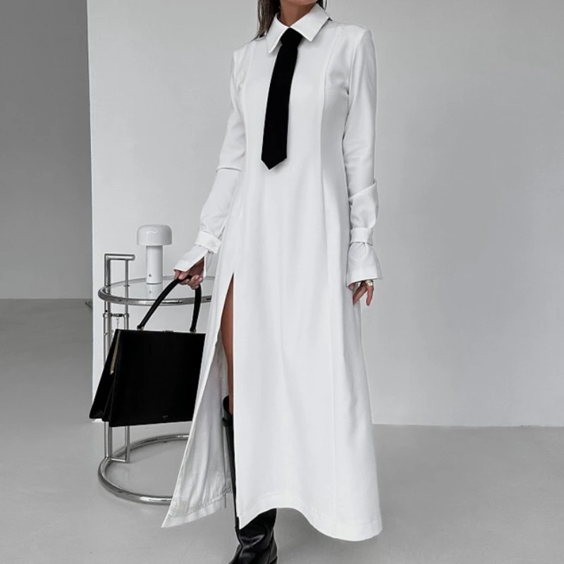 2025年初春気質カレッジスタイルラペル長袖スリット入りワンピースタイロングスカート