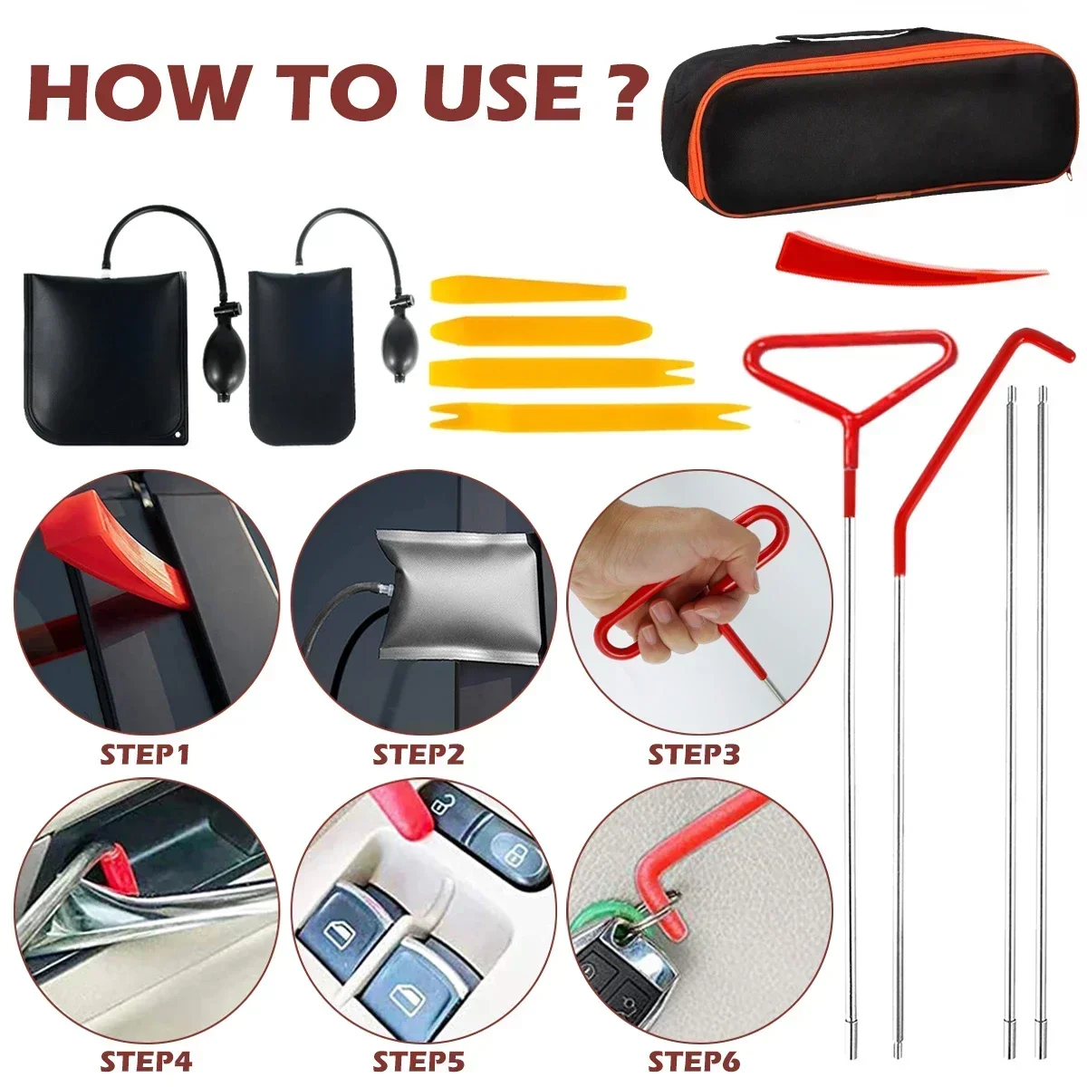 Car Tool Car Window Door Key Anti Lost Kit Inflatable Air Pump Air Wedge Non Marring Wedge with Long Reach Grabber for Car Truck