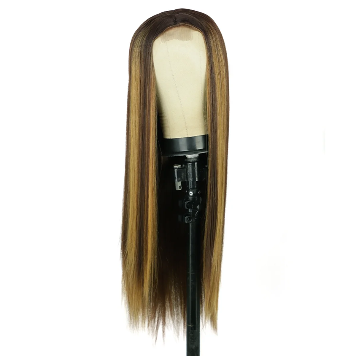 Honey Blonde Highlight Lace Front Perucas, Long Straight Glueless Peruca, Yaki Wig, 27"