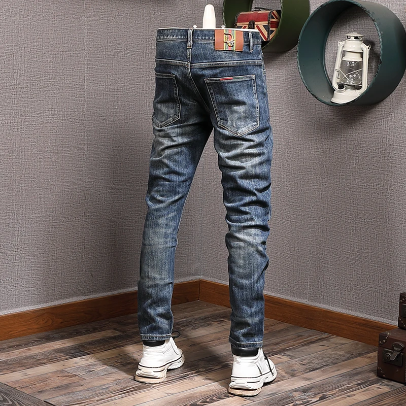 Fashion Designer Men Jeans High Quality Retro Blue Elastic Slim Fit Ripped Jeans Men Casual Trousers Vintage Denim Pants Hombre