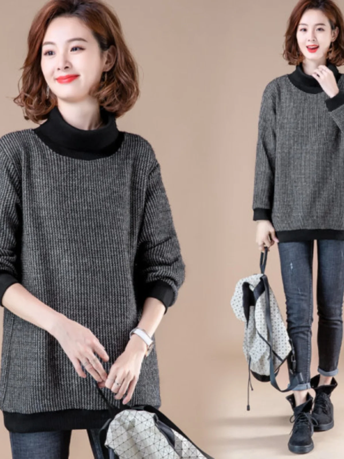 

Женская утепленная толстовка с флисовой подкладкой, в стиле пэчворк, свободного кроя, с длинными рукавами, высоким воротником, осенне-зимняя, новая модель, корейская версия