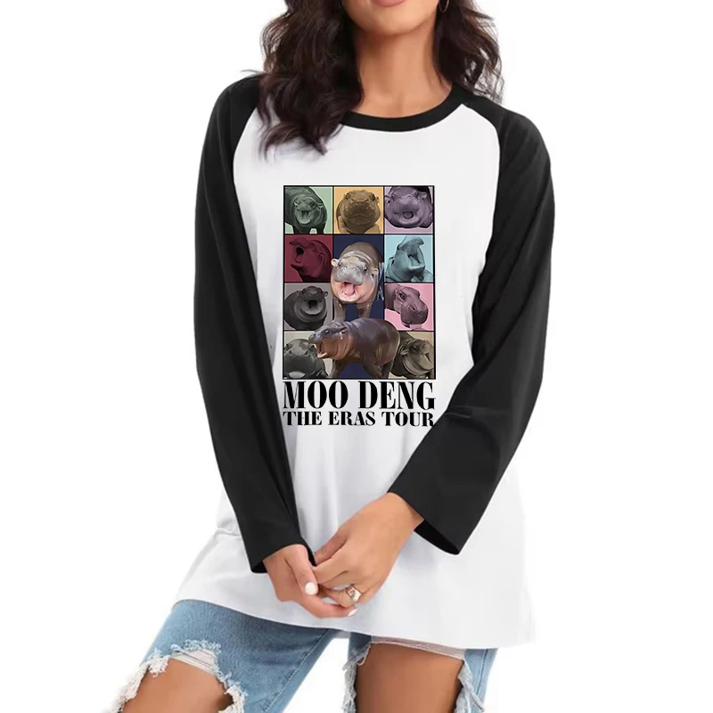 90s Baby Hippo Moo Deng Funny Long Sleeve Tee Shirt Men Women Fashion Y2k T-shirt Kawaii Vintage Tops Cute Mange Tshirt Clothes