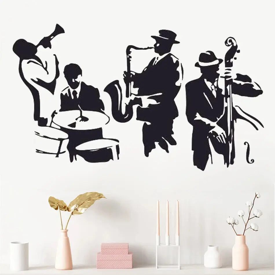 Calcomanía de pared Jazz saxofón instrumento herramienta banda jugador Musical pegatina arte vinilo tambores bajo pared calcomanía vinilo Mural Adesivo WA-24
