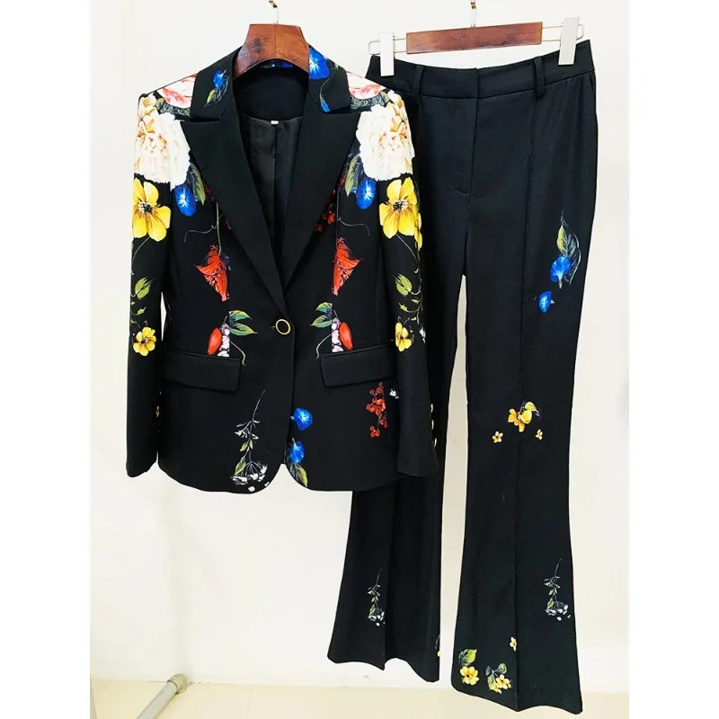 Conjunto de 2 piezas de diseñador de moda para mujer, Blazer con estampado de un solo botón, pantalones acampanados, verano, 2024