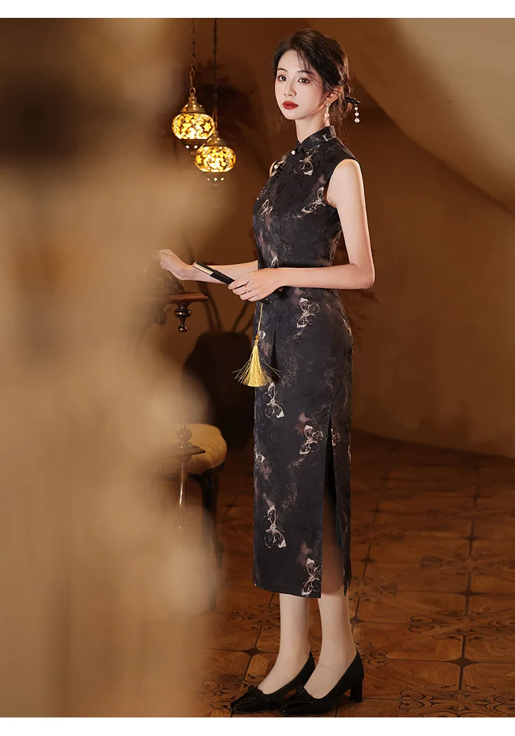 ผู้หญิงผิวดําแขนกุดยาว Cheongsam วินเทจผีเสื้อพิมพ์สไตล์จีน Qipao เครื่องแต่งกายชุดราตรีแต่งงาน
