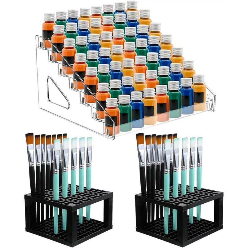 Clear Paint Organizer with 2 Pcs Paint Brush Holder, 7 Layers Acrylic Painting Organizer, for Model Painting Nail-Polish-SPMI