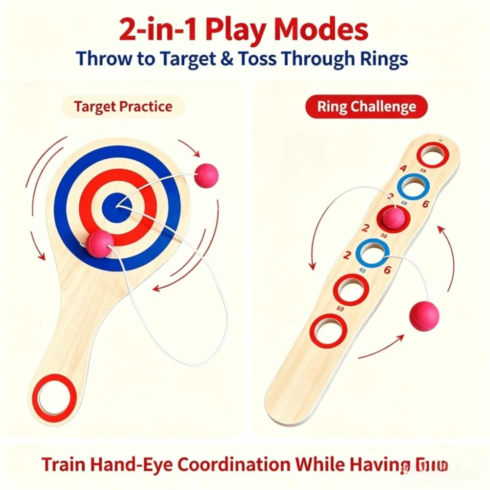 Wood Tether Ball Paddle Elastic Cord Target Pattern Catch Ball Toy Scoring Holes Hand Eye Coordination Wooden Coordination Toy