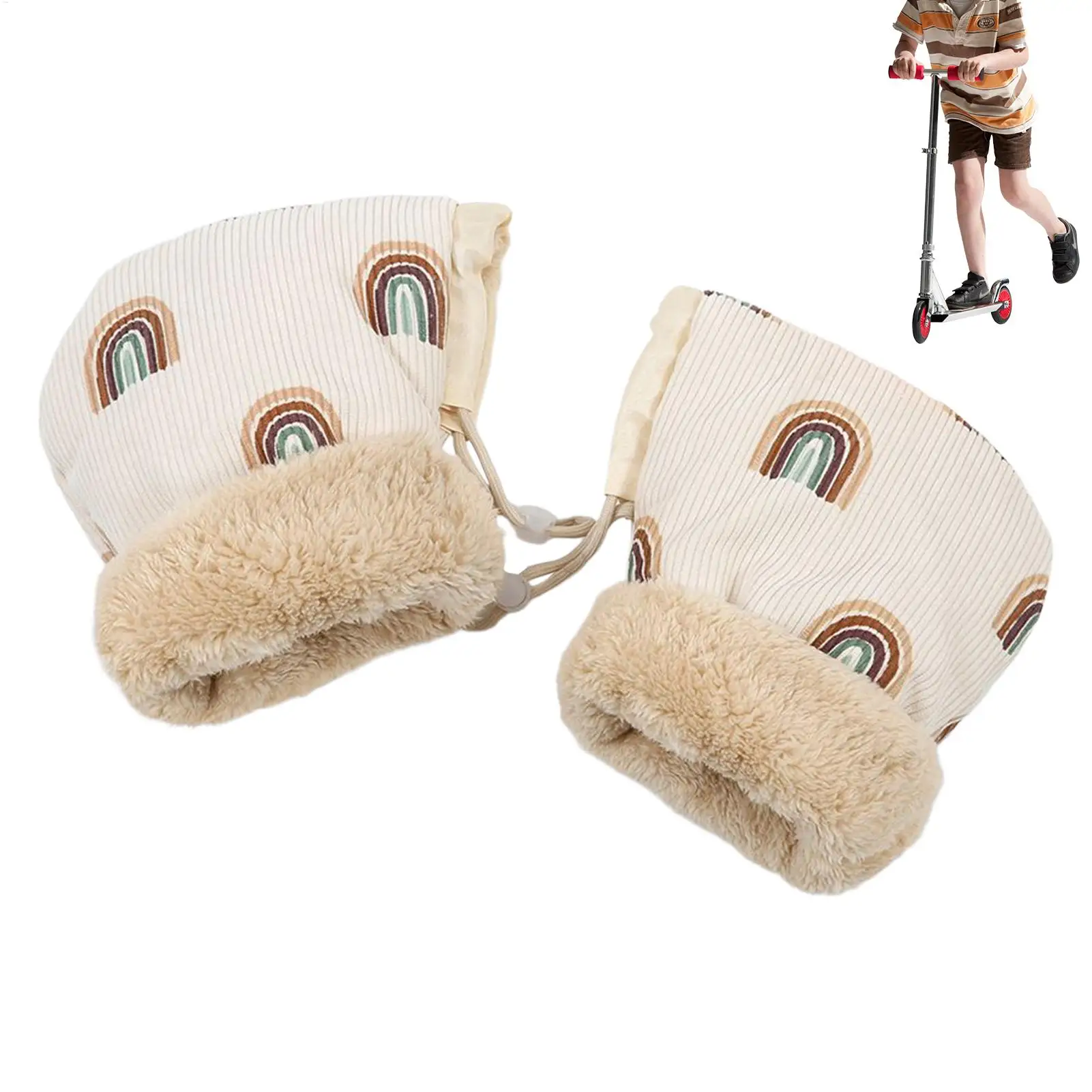

Stroller Mittens Plush Lined Windproof Hand Muff Warm Anti-Freeze Kids Balance Bike Gloves Rainbow Pattern For Winter Cold