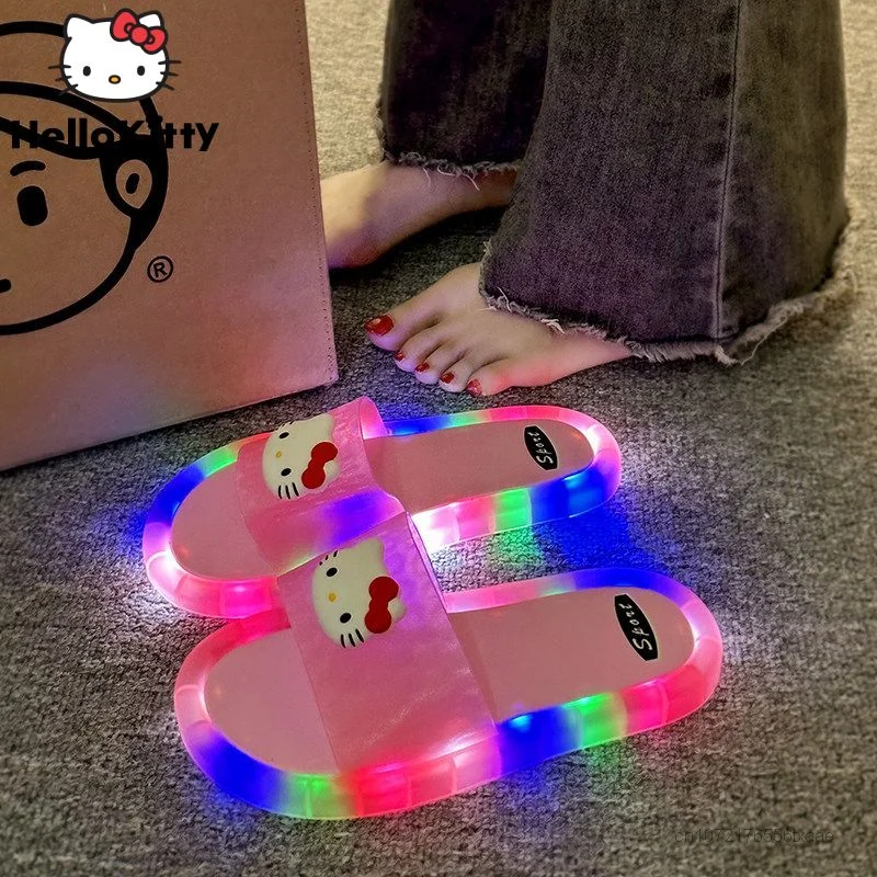 Sanrio Glowing Slippers Women Hello Kitty Summer Outdoor Indoor Shoes Luxury Anti Slip Soft Bottom Slippers Festival Party Gifts