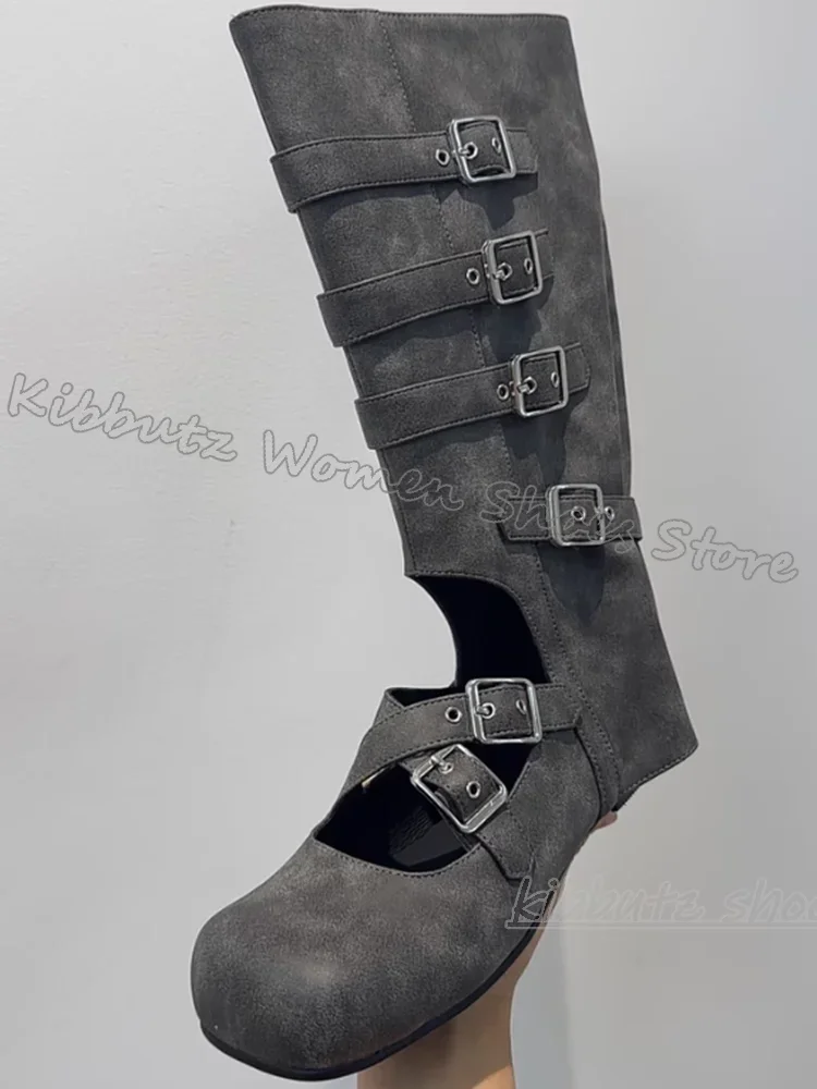 

Belt Buckles Ballet Pumps Boots Knee High Leather Square Toe Flat with Fashion Elegant Concise Sexy Luxury Shoes New Hot Girls