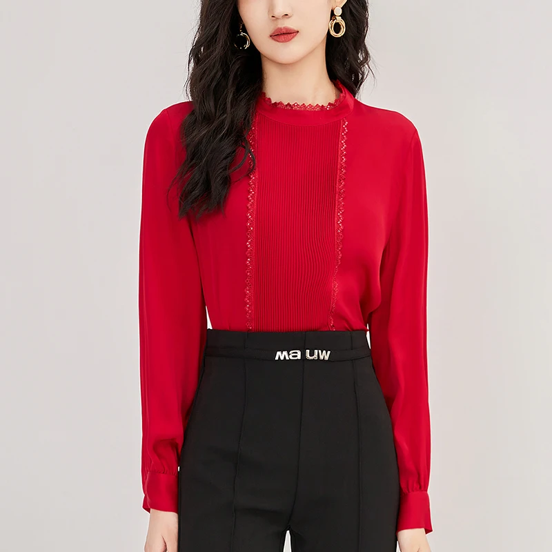 

Fashion Woman Blouse 2024 Spring Elegant Shirts And Blouses For Women Long Sleeve Vintage 19Momme Real Silk Women's Solid Shirt