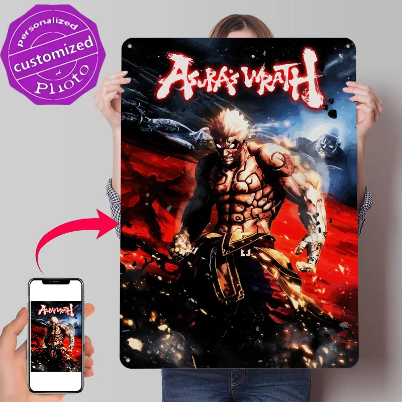 Asura's Wrath Game Art 3D Printed Texture Poster Personalized Wall Art Retro Metal Tin Signs for Desk Decor Room Custom Plate