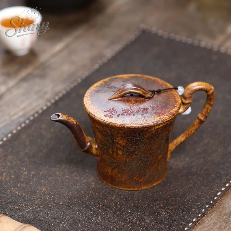 Yixing Zisha Teapot Handcrafted From Raw Mineral Dragon Bone Gold Sand Panda Bamboo Joint Han Tile Tea Pot