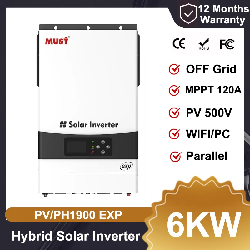 يجب PV/PH1900 EXP 4KW 24V 6KW 48V الهجين العاكس للطاقة الشمسية MPPT 120A PV 500V موجة جيبية نقية على خارج الشبكة النظام الشمسي الموازي WIFI