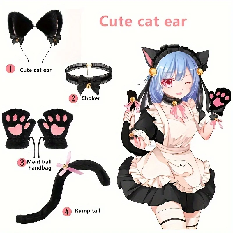 5Pcs Cat Paw Gloves Winter Cute Cartoon Open Finger Bell Headband Fox Cat Ear Headwear Tail Printed Animal Suit Dance Halloween