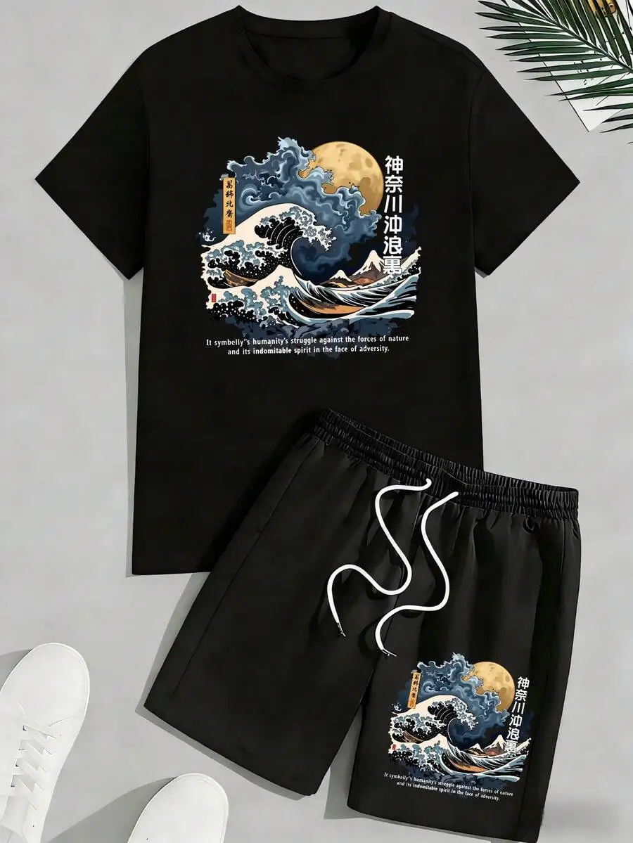 

Mens Cotton Graphic Tee And Shorts Two-Piece Set Casual Summer Outfit