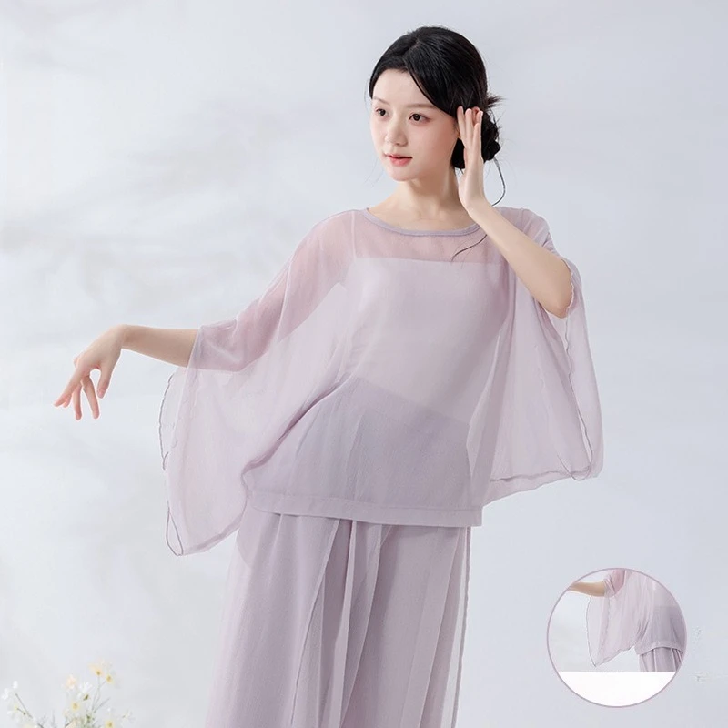 Fairy Chiffon Loose Petal Sleeves Dance Blouse Women's Round Neck Light and Elegant Classical Dance Performance Suit