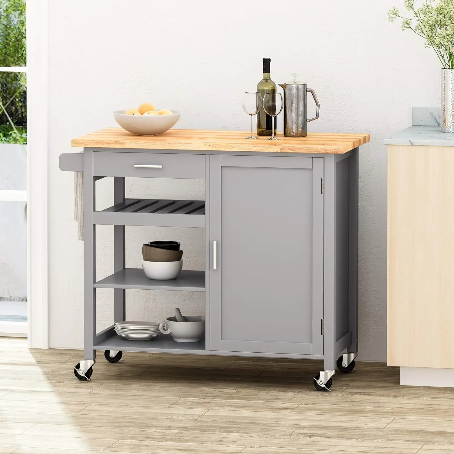 Frances Contemporary Kitchen Cart With Wheels, Natural + Gray