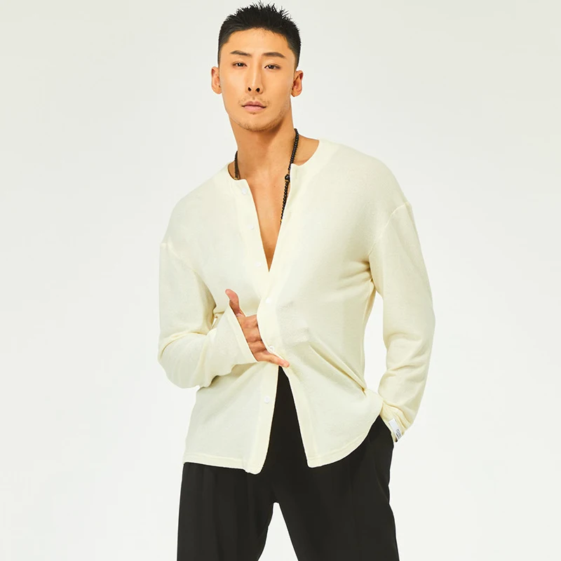 

2025 Latin Dance Performance Costumes For Men Long Sleeved Round Neck Shirts Samba Chacha Tango Dress Adult Latin Wear DQS17207